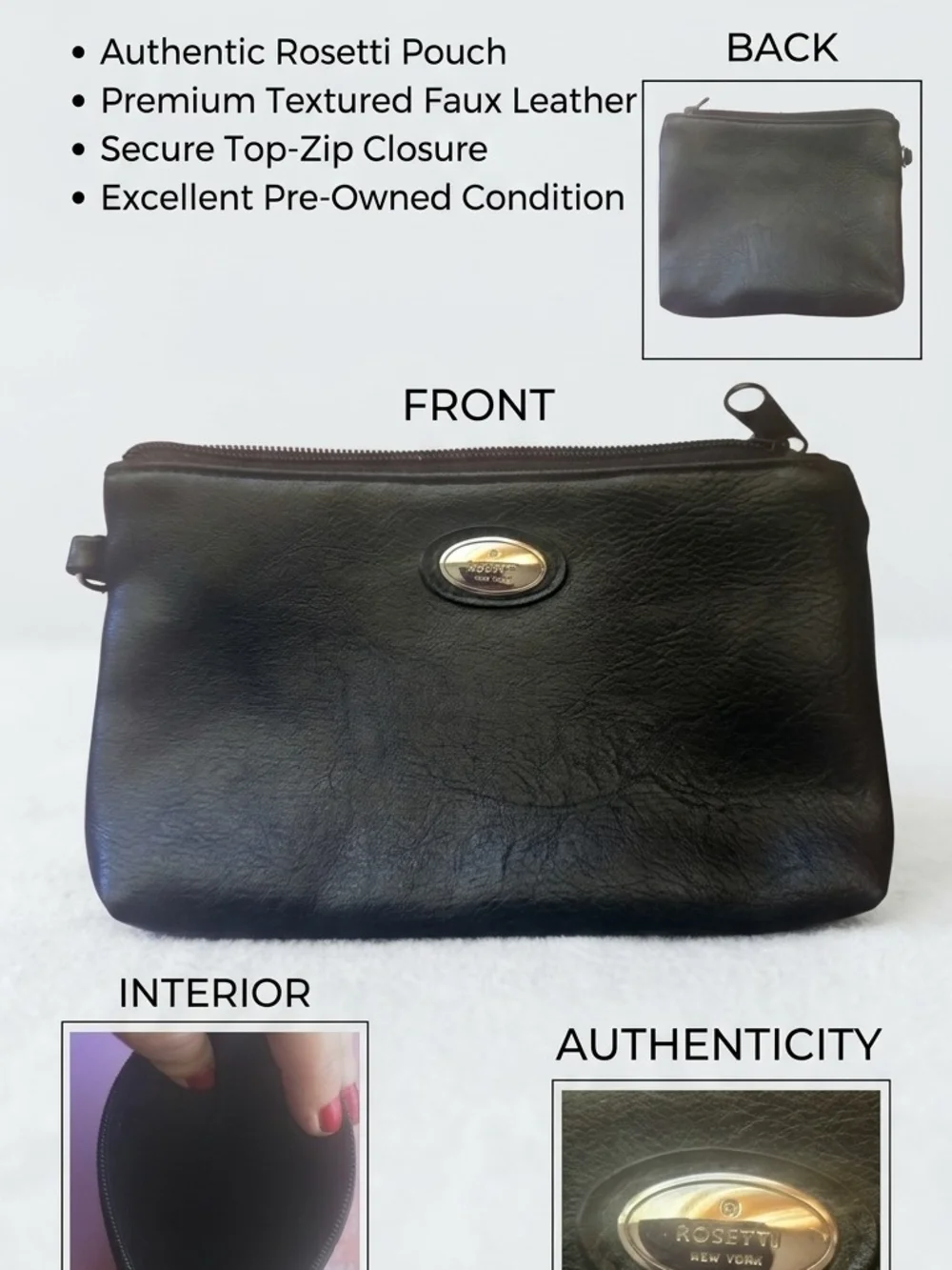 Rosetti Black Faux Leather Zip Pouch with Gold Oval Logo
